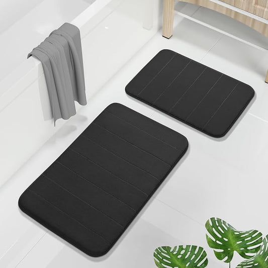 Yimobra Memory Foam Bathroom Rugs Sets 2 Piece - Super Soft Absorbent Quick Dry Bath Mat Set, Machine Washable Non Slip Floor Carpet for Tub Shower & Single Sink (17x24 & 31.5x20 Inch, Black)