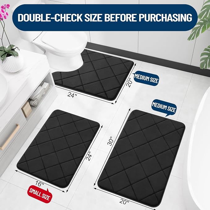 OLANLY Memory Foam Toilet Rugs U-Shaped 24x20, Ultra Soft and Absorbent | Black, Quick Dry Commode Contour Rugs, Machine Washable, Comfortable Bathroom Contour Bath Mats for Toilet Base