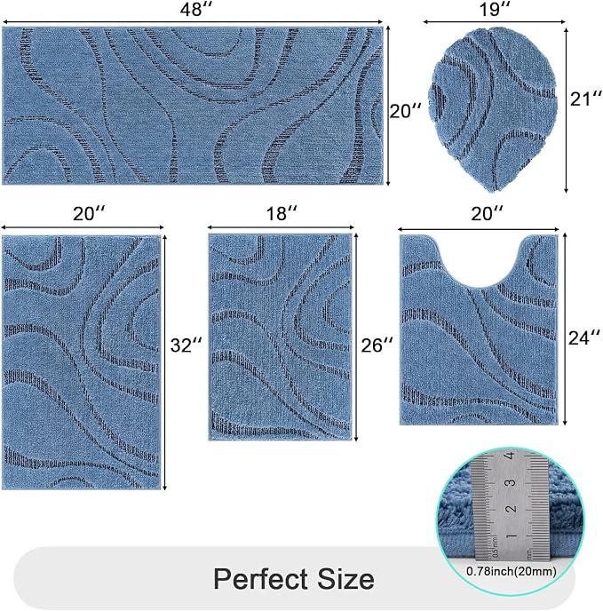 HEBE Bathroom Rugs Sets 5 Piece, Non Slip Washable Absorbent Bath Mat Set | Super Soft Plush Microfiber Bathroom Mats with Runner Set, Solid Bathmat with U-Shaped Toilet Rug Cover Set for Tub, Shower