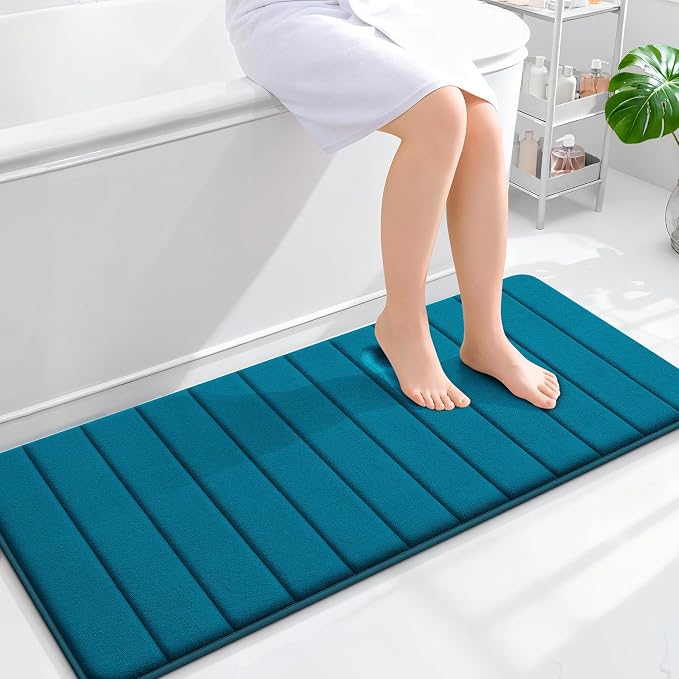 OLANLY Memory Foam Long Bathroom Rugs Runner 47x20, Super Soft Absorbent | Peacock Blue, Quick Dry Bath Mat, Machine Washable Shower Floor Rugs, Bathmat Carpet for Bathroom Floor, Tub and Shower