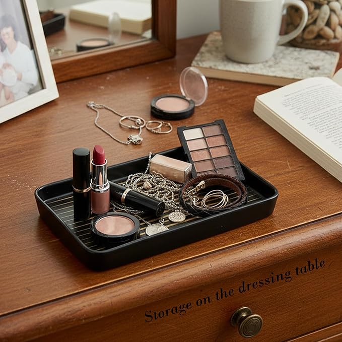 10"×6"×1" Black Bathroom Vanity Tray for Countertop- Ceramic Decorative Organizer Tray for Dresser Tops, Toilet, Perfume, Sponge Holder Soap Dish Dispenser for Kitchen Counter- Golden Stripes