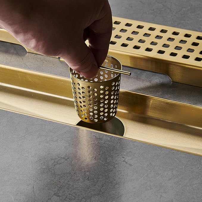 AVSIILE Linear Shower Floor Drain, Brushed Gold 48 Inch 304 Stainless Steel Bathroom Drains Kit, Long Rectangular Shower Trench Drain with Square Pattern Drain Cover & Hair Catcher