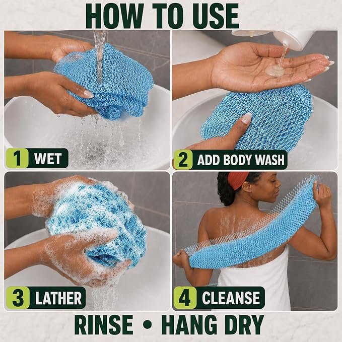 Authentic African Net Sponge, 2 Pack 45-Inch Exfoliating Bath Sponge and Shower Loofah for Body and Back, Colorfast Quick-Dry Knotted Mesh Scrubber with Travel Pouch (Linen & Sky Blue)