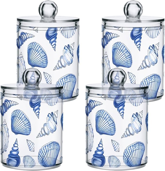 2 Pack Qtip Holder Dispenser for Cotton Ball Blue Seashells Ocean Nautical Coastal Cotton Swab Round Pads Clear Plastic Acrylic Jar Set Bathroom Canister