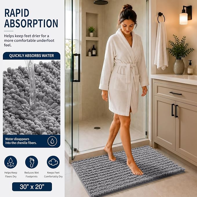 Yimobra Bathroom Rug Set 3 Piece, Super Water Absorbent Bath Mat Set, Grey | Quick Dry Soft Chenille Bath Rugs & Toilet Rug, Non Slip Machine Washable, Extra Thick Shaggy Floor Mat for Shower Tub Sink