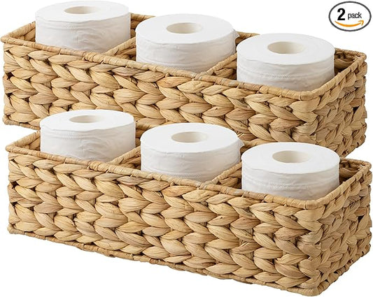 StorageWorks Toilet Paper Baskets for Shelves, 3-Section Large Wicker Baskets Storage, Water Hyacinth Back of Toilet Basket for Organizing Tank Topper, Living Room Decor, 2 Pack