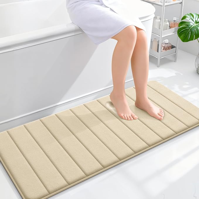 OLANLY Memory Foam Long Bathroom Rugs Runner 47x20, Super Soft Absorbent | Beige, Quick Dry Bath Mat, Machine Washable Shower Floor Rugs, Bathmat Carpet for Bathroom Floor, Tub and Shower