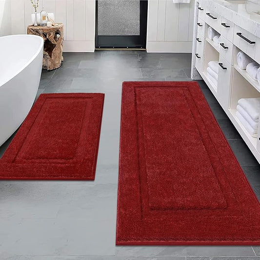 SHACOS Soft Microfiber Bathroom Rugs Set of 2 Pieces, Red | 47x20 + 32x20, Absorbent Plush Bath Rugs, Non Slip Washable Shaggy Bath Mats, Fluffy Bathroom Runner Floor Mats Shower Rug