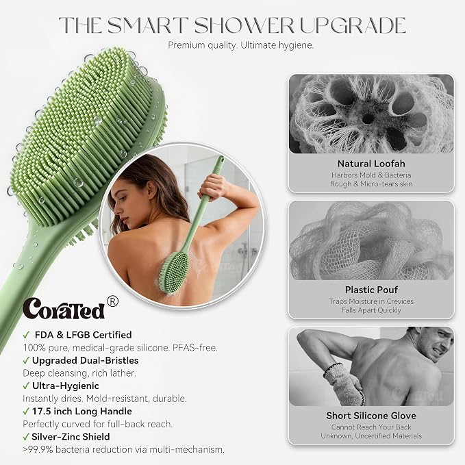 CORATED Silicone Back Scrubber for Shower, 2‑in‑1 Body Brush with Handle | Exfoliating Body Scrubber for Women & Men Daily Use, Loofah Alternative Bath Accessories