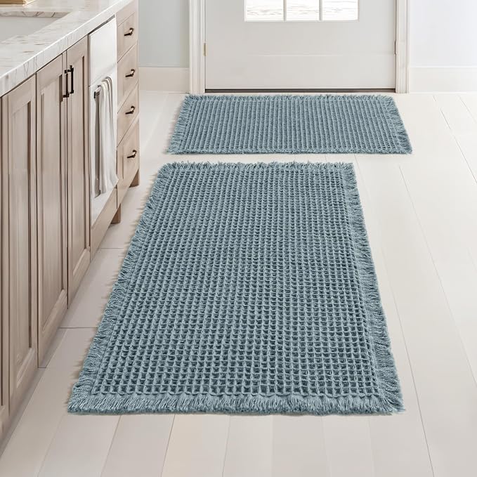 MIULEE Set of 2 Waffle Bathroom Rugs Dusty Blue Bath Mat 17"x24"+18"x30" | Non Slip, Super Absorbent, Washable, Ultra Soft, Rubber Backed, Small Boho Bath Rugs for Bathroom Floor Tub Shower