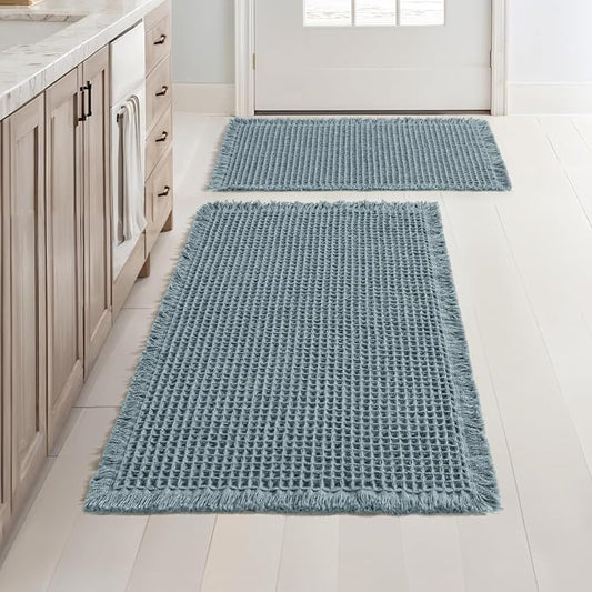 MIULEE Set of 2 Waffle Bathroom Rugs Dusty Blue Bath Mat 17"x24"+18"x30" | Non Slip, Super Absorbent, Washable, Ultra Soft, Rubber Backed, Small Boho Bath Rugs for Bathroom Floor Tub Shower