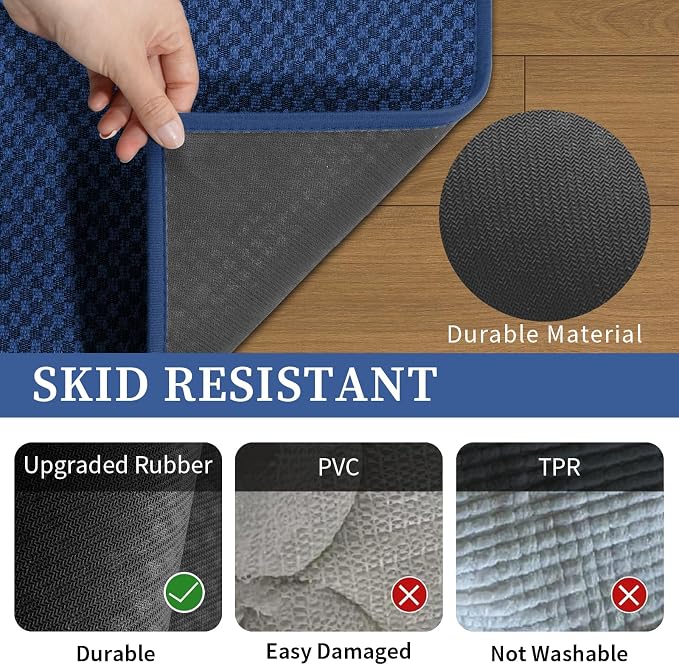 YIHOUSE Bathroom Rugs Sets 2 Piece Non Slip Washable, Absorbent Quick Dry Bath Mat Set, Weave Texture Low Profile Bath Rugs, Floor Mats for Bathroom, Tub & Shower (17"x24" + 17"x47", Dark Blue)