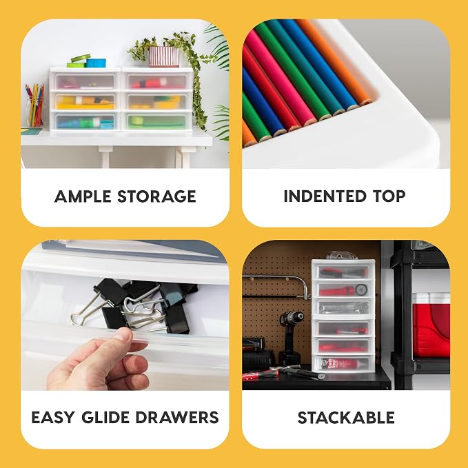 IRIS USA Medium 3-Drawer Stacking Desktop Organizer, 1 Pack, Plastic Drawer Storage Container for Stationery Art Craft Supplies Kitchen Office Garage and Small Business Organization, White