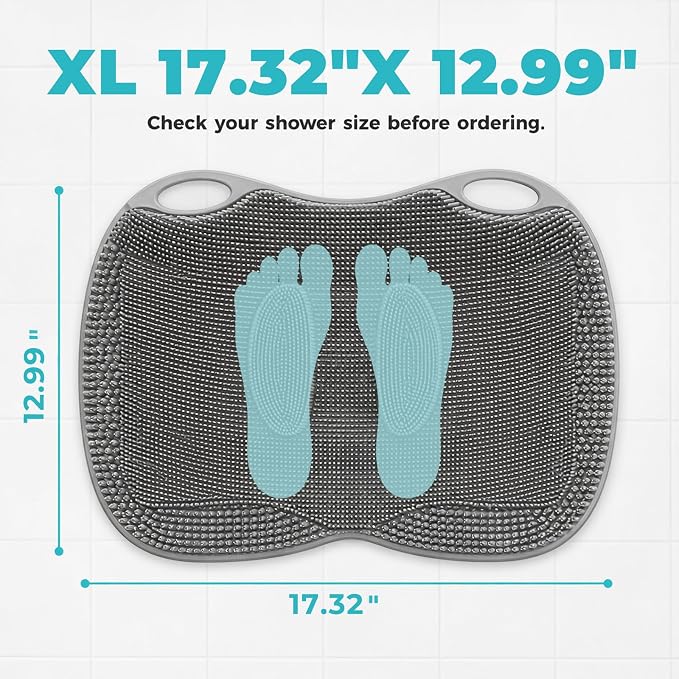 XL Silicone Shower Foot Scrubber Mat with Suction Cups, Foot Washer for Shower, Foot and Back Scrubber for Smooth Shower Wall or Floor, Grey, 17.3 x 12.9 in