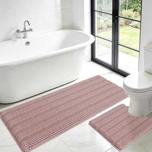 ACCUMTEK Striped Dusty Pink Toilet Bathroom Rug Mat Set 2 piece Rug Ultra Soft, Non Slip Chenille Bath Rugs, Absorbent Plush Shaggy Bath Mats for Bathroom, Bedroom, Kitchen, Shower, Tub