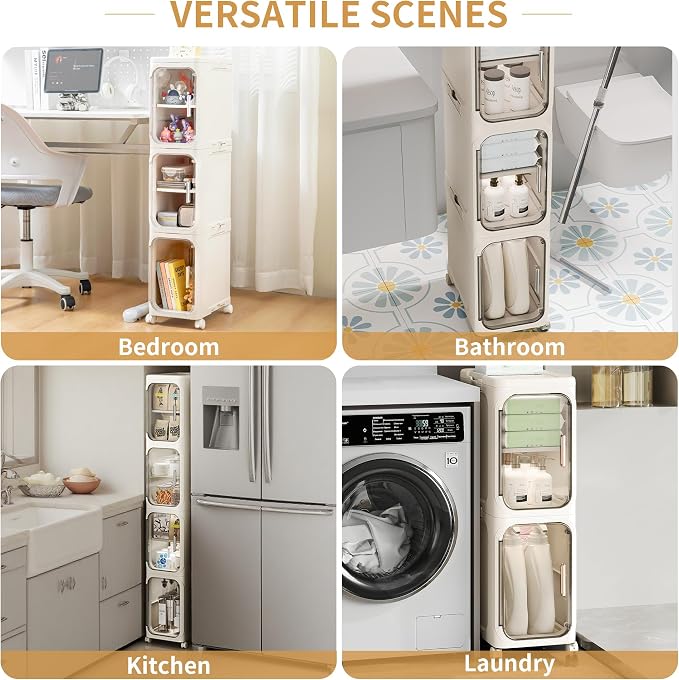 3-Tier Slim Narrow Bathroom Storage Cabinet, Cream White | Tool Free Assembly, Adjustable shelves, Fits for Narrow Spaces, Lockable Wheels, Magnetic Clear Door