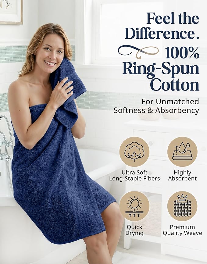 LANE LINEN Bathroom Towel Set 16 Piece Soft Absorbent Quick Dry - Navy | Set Of Towels - Easy-Care, Coordinated Colors, OEKO-TEX Certified, Ring-Spun Durability