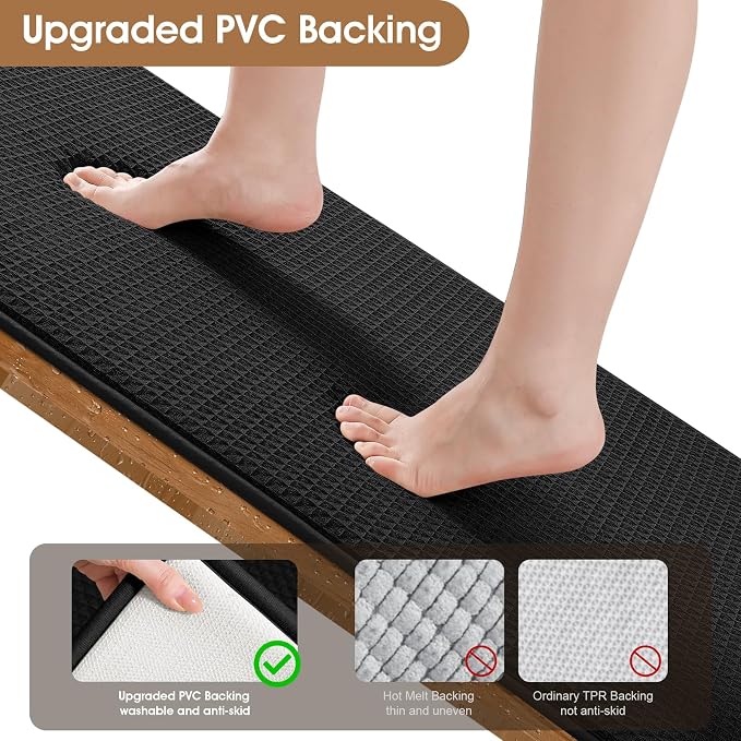ACCUMTEK Memory Foam Bath Mat Set 3 Piece, Ultra Soft Absorbent Waffle Bathroom Rugs, Super Non-Slip PVC Backing Bath Rug Quick Dry, Machine Washable Rug for Tub, Shower, Home Decor Accessory, Black