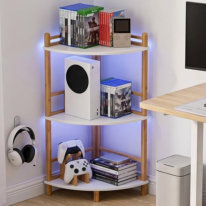 3-Tier Expandable Bamboo Corner Shelf Stand,Corner Bookshelf, Display Storage Shelves with Open Shelves, for Organization and Storage, Living Room, Home Office, Garage (White, 3-Tier WithRail)