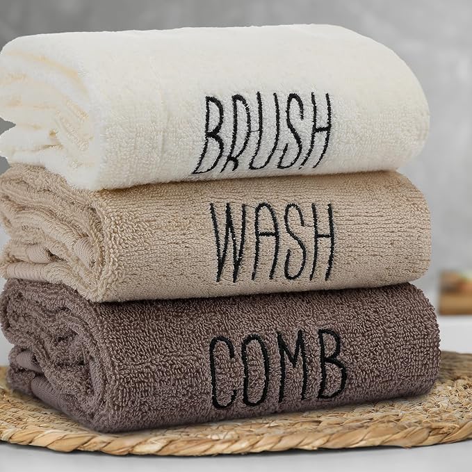 3 Pcs Hand Towels Bathroom Set,Brown,Brush Comb Wash | Embroidered Cotton Farmhouse Towels, Kitchen Decor, Rustic Boho Decorative with Text Labels, Guest Bath Home
