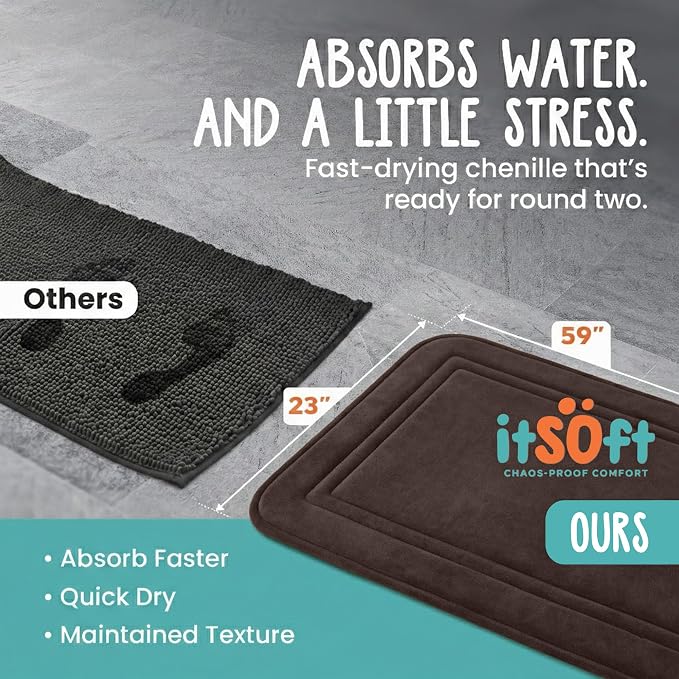 ITSOFT Memory Foam Bath Mat 59x23, Non Slip, Machine Washable, Quick Dry & Absorbent Rugs, Bath Mats for Bathroom Floor, Tub & Shower, Bathroom Rug, Chocolate Brown
