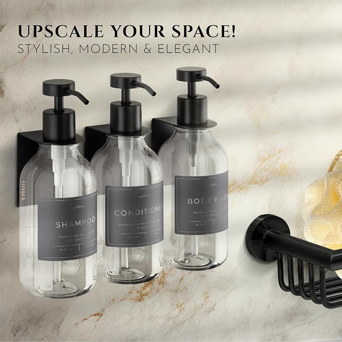 Shower Shampoo Dispenser Wall Mounted – 3 Refillable 16.9 oz Clear Bottles with Stainless Steel Pumps & No-Drill Adhesive Holders – Soap Dispenser Set for Bathroom (3 X Clear/Black)