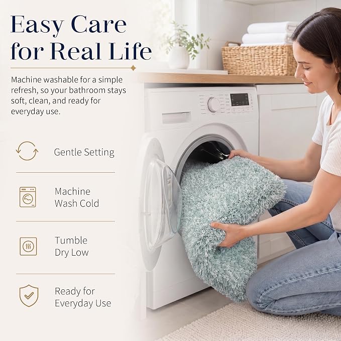 Yimobra Bathroom Rugs Non Slip Washable 36X24, Ultra Soft and Water Absorbent Bath Mats, Plush Fluffy Shower Mat Outside, Luxury Microfiber Thick Matts for Bathroom Floor/Tub, Sky Light Blue and White