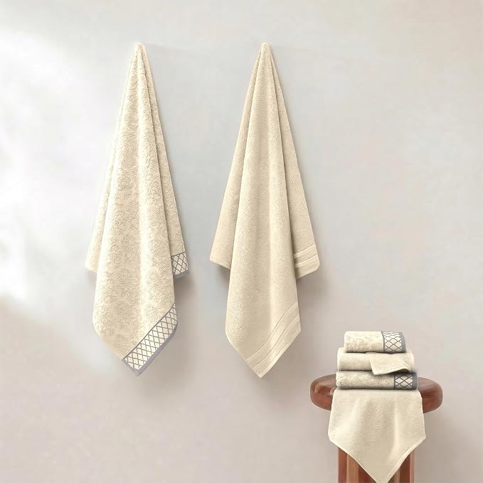 Modern Threads 6 Piece Cotton Bath Towel Set – Ultra Soft 550 GSM Towels – Bathroom Set with Hand Towels and Washcloths – Diamond Border (Ivory Cream)
