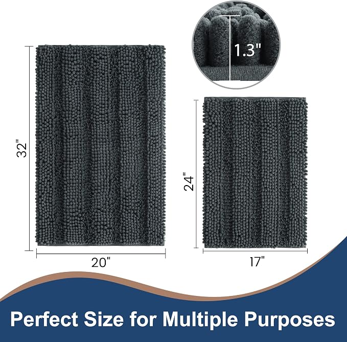Non Slip Thick Shaggy Chenille Bathroom Rug Sets 2 Piece, Thickened Hot Melt Rubber Bottom Bath Mats for Bathroom, Bath Rugs Quick Dry Machine Washable for Shower (Charcoal Grey, 32"x20" Plus 17"x24")