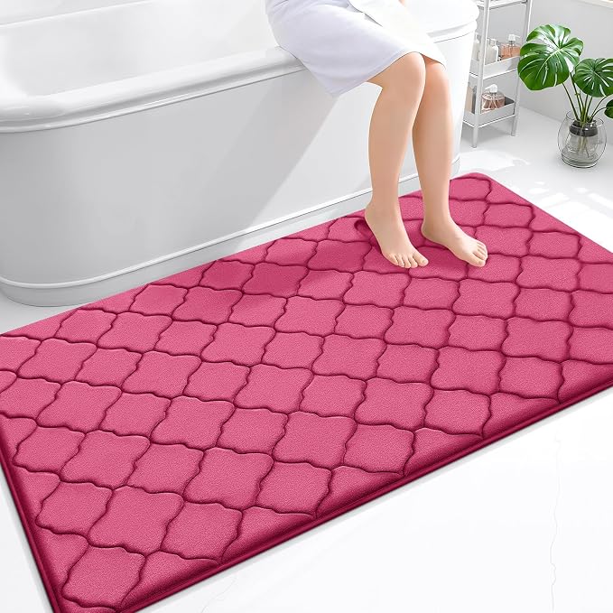 OLANLY Memory Foam Bath Mat Rug 59x34, Ultra Soft Bathroom Rugs, Deep Pink | Thick Absorbent Carpet, Non-Slip Backing, Machine Washable, for Bathroom Floor, Tub, Shower and Home Decor Accessories