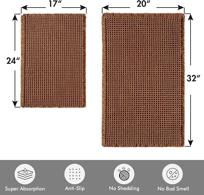 MIULEE Set of 2 Waffle Bathroom Rugs Boho Bath Mat Caramel 17"x24"+20"x32" | Non Slip, Super Absorbent, Washable, Ultra Soft, Rubber Backed Bath Rugs for Bathroom Floor Tub Shower