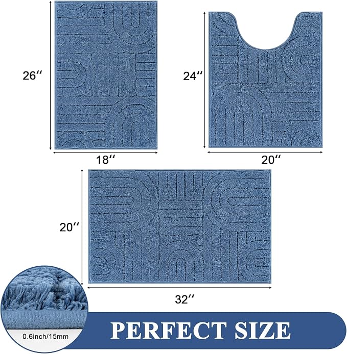 Vaukki Blue Bathroom Rugs Sets 3 Piece, 32x20+26x18+24x20 Inch | Washable Non Slip Soft Bath Mats for Shower and Tub, Plush Absorbent Microfiber Toilet Rug U Shaped