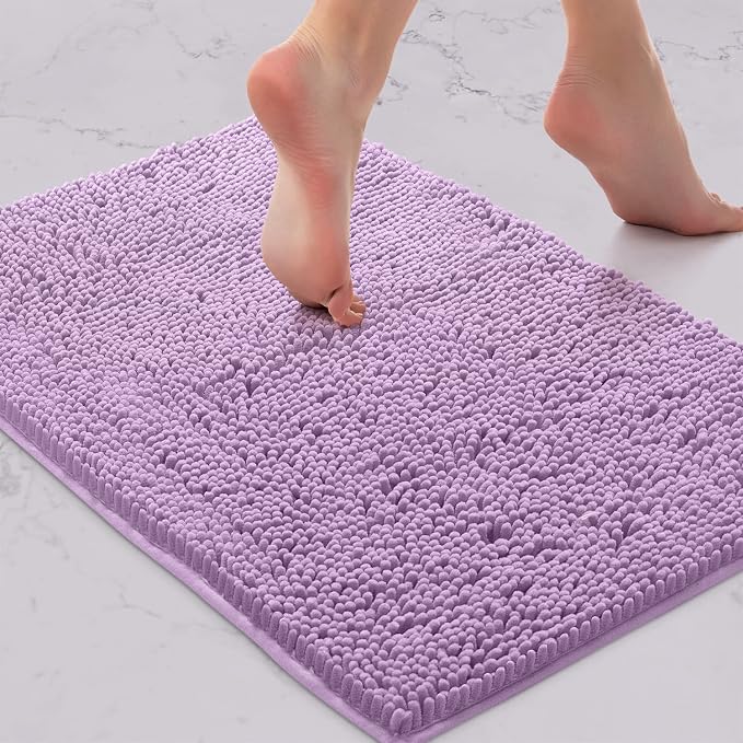 LuxUrux 3 Piece Bathroom Rug Set, Non-Slip Shaggy Chenille, Lavender, Includes U-Shaped Contour Toilet Mat, 20 x 30'' and 16 x 24'' Bath Mats, Machine Washable