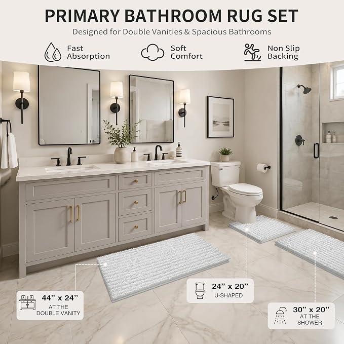 Yimobra Bathroom Rug Set 3 Piece, Super Water Absorbent Bath Mat Set, White | Quick Dry Soft Chenille Bath Rugs & Toilet Rug, Non Slip Machine Washable, Extra Thick Shaggy Floor Mat for Shower Tub Sink