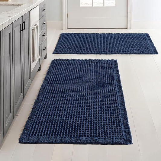 MIULEE Set of 2 Waffle Bathroom Rugs Boho Bath Mat Navy Blue 20x32 Inch | Non Slip, Super Absorbent, Washable, Ultra Soft, Rubber Backed Bath Rugs for Bathroom Floor Tub Shower