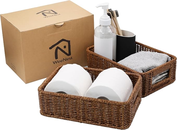 WeeNest Baskets for Organizing, Small Wicker, Storage Bins for Bathroom and Toilet Paper Rolls, Hand Woven Tank Topper with Handle, Set of 2, Toffee