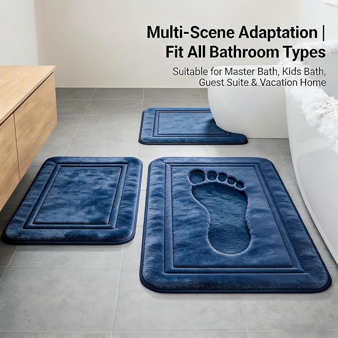 Bathroom Rugs Set 3 Piece Memory Foam, Bordered Toilet Rug, Dusty Blue | Coastal & Farmhouse Decor — Soft Dusty Blue bath mats, absorbent and washable, with a U-shaped toilet mat.