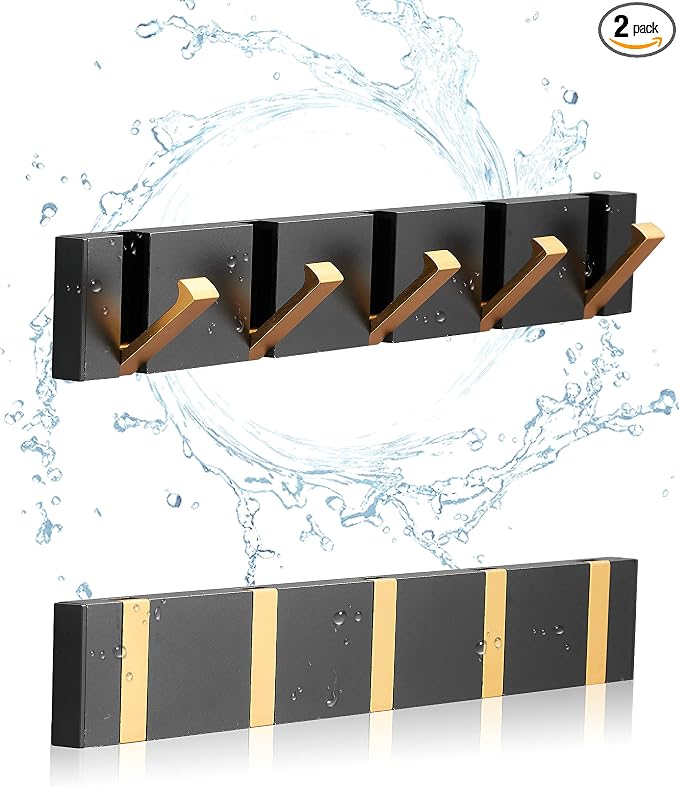2 Pack，Bathroom Towel Hooks for Wall，Black Gold Wall Hooks for Coats，Towel Hooks for Bathrooms，Perforated or Free Perforated，Black Gold Towel Hooks，Towel Door Hooks，Also for Balcony，Kitchen.