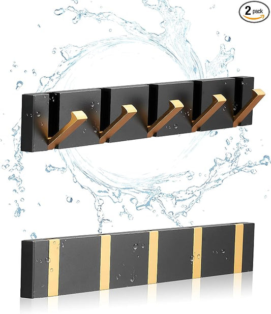 2 Pack，Bathroom Towel Hooks for Wall，Black Gold Wall Hooks for Coats，Towel Hooks for Bathrooms，Perforated or Free Perforated，Black Gold Towel Hooks，Towel Door Hooks，Also for Balcony，Kitchen.