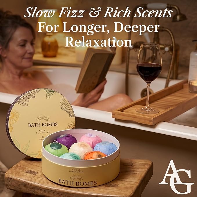 XXXL Bath Bombs for Women, 7pc, Birthday Gifts for Women by AdeleGourdain | Bathbombs Bath Gift Set for Women - 7 Spa Scents - Gift Box Included - Non-Staining - Bubble Bathbombs for Adults - Large 7oz