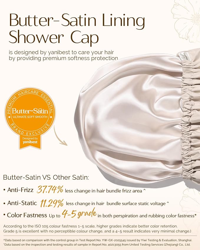 Yanibest Satin Lined Shower Cap for Women Reusable Waterproof, Frizz Free & Large Bath Cap with Soft Elastic Band, Luxury Hair Protection Caps (Beige)