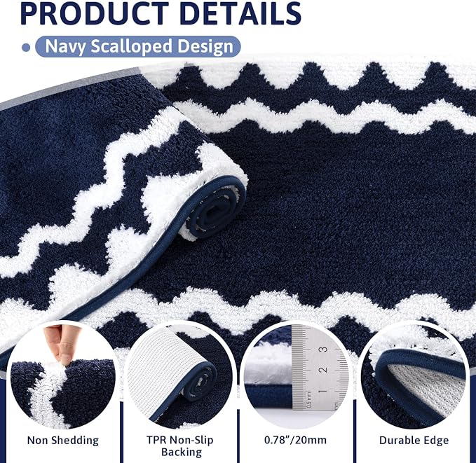 Findosom Bathroom Rugs Sets 5 Piece, Absorbent Soft Non-Slip Bath Rug Set | Washable Microfiber Shaggy Bath Mat Set with Bathroom Runner Rug, U-Shaped Toilet Rugs, Shower Rug & Toilet Lid Cover, Navy
