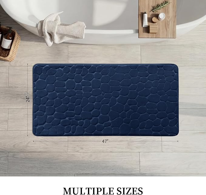 YIHOUSE Memory Foam Runner Rug, Cobblestone Bathroom Runner Rugs Super Water Absorbent Bath Mats for Bathroom Machine Washable Bath Rugs for Hallway Bedroom Laundry Room(24 x 47,Dark Blue)