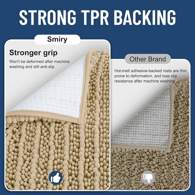Smiry Bathroom Rugs Sets 2 Piece (47x20+24x16), Extra Soft Bath Mats | Beige Soft Absorbent, Rubber Backing Machine Washable Quick Dry Chenille Bath Rug Set for Tub, Shower, and Floor