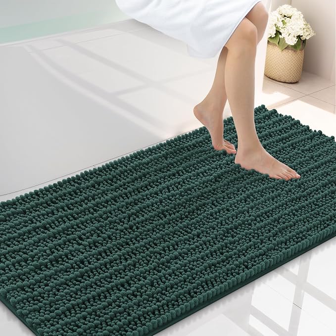 Smiry Bathroom Rugs 44X24, Extra Soft Rubber Backing Chenille Bath Mats | Green Machine Washable Non Slip Quick Dry Bath Mats for Bathroom Floor, Tub, Shower, Home Decor Accessories