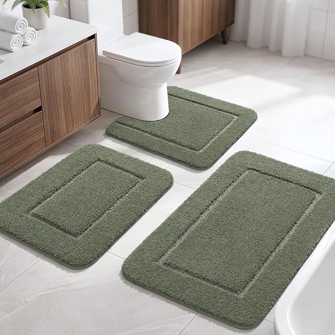 LOCHAS Bathroom Rug Set, Bath Rugs Sets 3 Piece Non Slip, Sage Green | Washable Absorbent Microfiber Bath Mat Set, Soft Cozy Bathroom Mat for Shower Sink Toilet