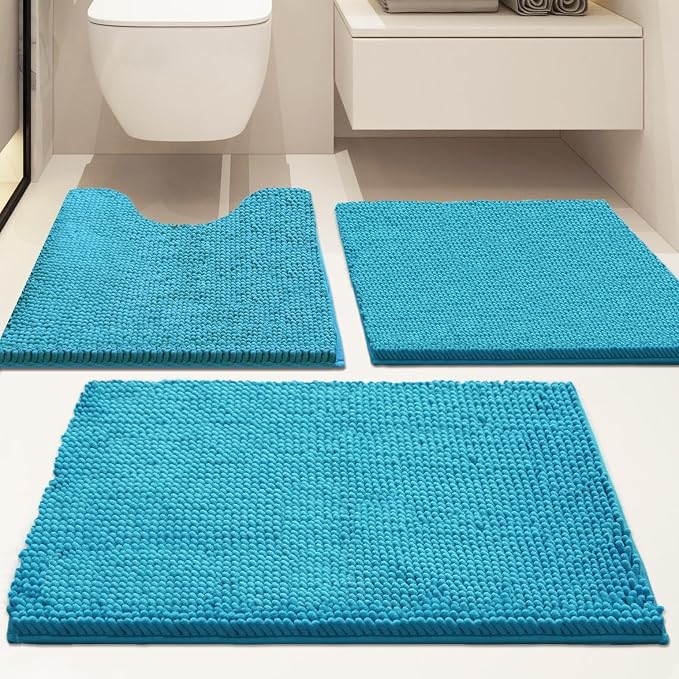 Bathroom Rugs Sets 3 Piece Non Slip,Bath Rugs with PVC Backing Bath Carpet,Bathroom Rug Washable,Absorbent,Plush Carpet Mats,Bath Mats for Bedroom, Kitchen,Tub,Home Decor (Turquoise)