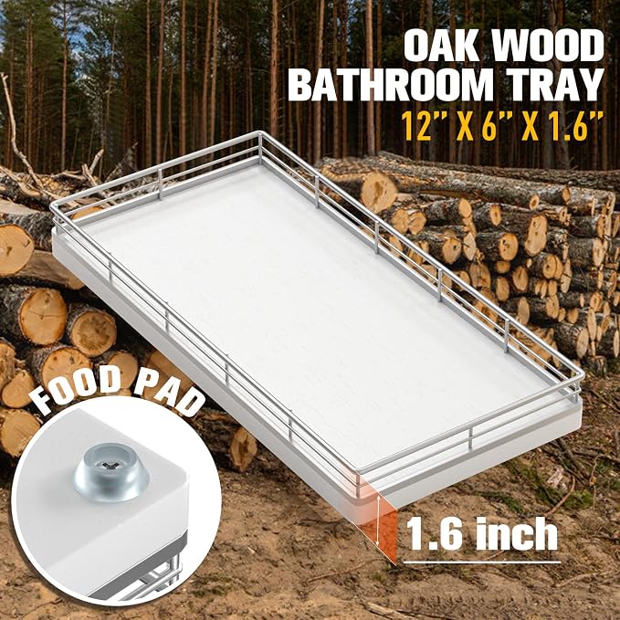 Bathroom Vanity Tray for Countertop, 12" x 6" Oak Wood Toilet Tank Tray with Metal Guardrail, Bathroom Organizer for Soap, Perfume & Skincare, Non-Slip Decorative Tray for Dresser, Sliver & White