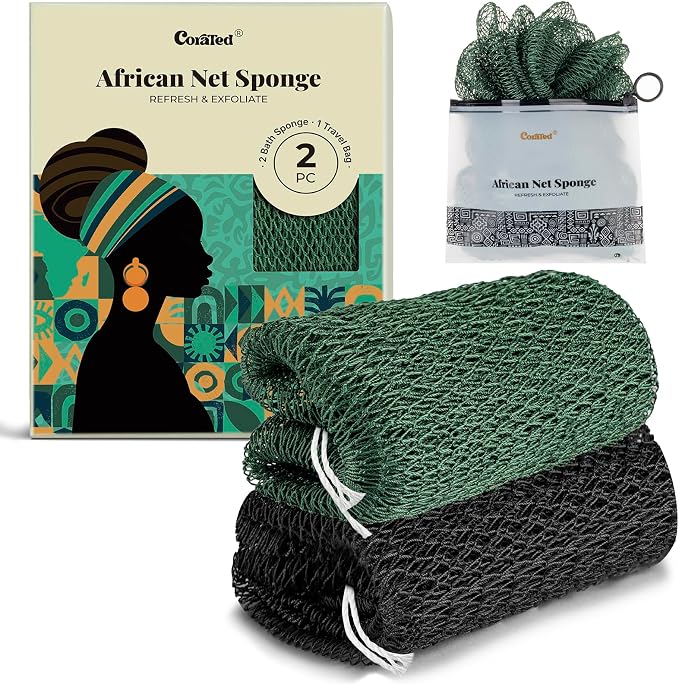 CORATED African Net Sponge Authentic, Shower Loofah Exfoliating Bath Sponge | Body Scrubber for Women and Men Daily Use Body Care, Travel Portable Bath Accessories Spa Gifts