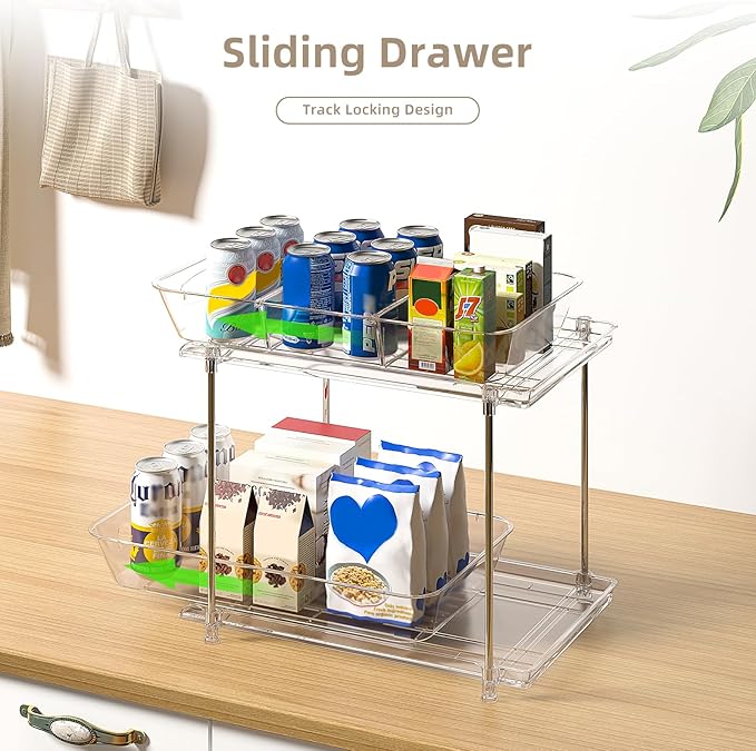 Sevenblue Under Sink Organizer, Bathroom Organizers and Storage, 2 Tier Multi-Use Pull Out Cabinet Organizer with Hang Hooks and Cups (transparent, 11.2 Inch)